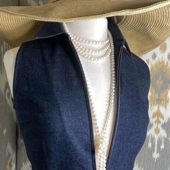 Ralph Lauren Midnight Indigo Wash Cotton Stretch Denim Lamb Leather Sheath Dress - Picture 1 of 15